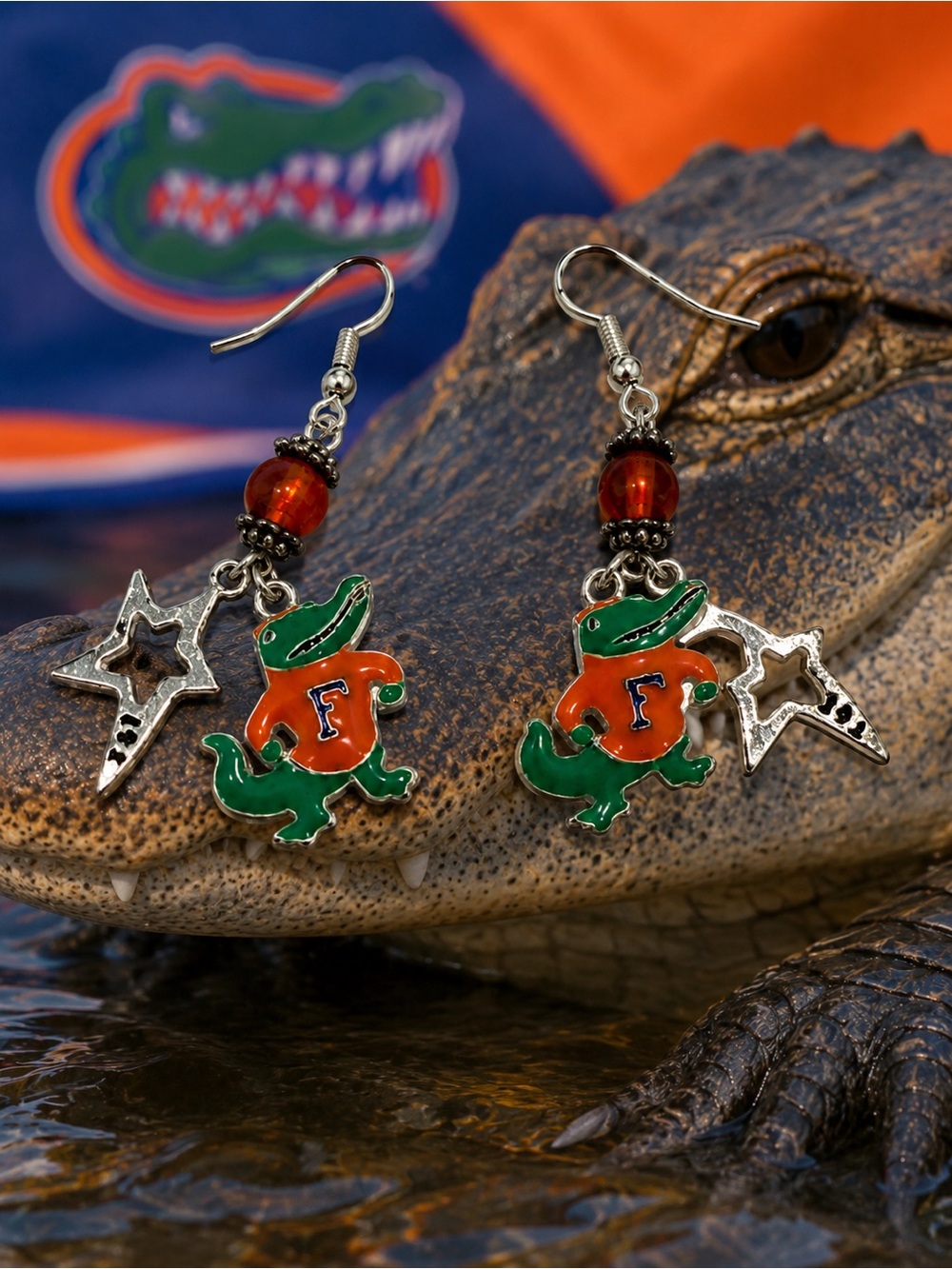 Florida Gators Alligator Dangle Earrings in Orange & Green